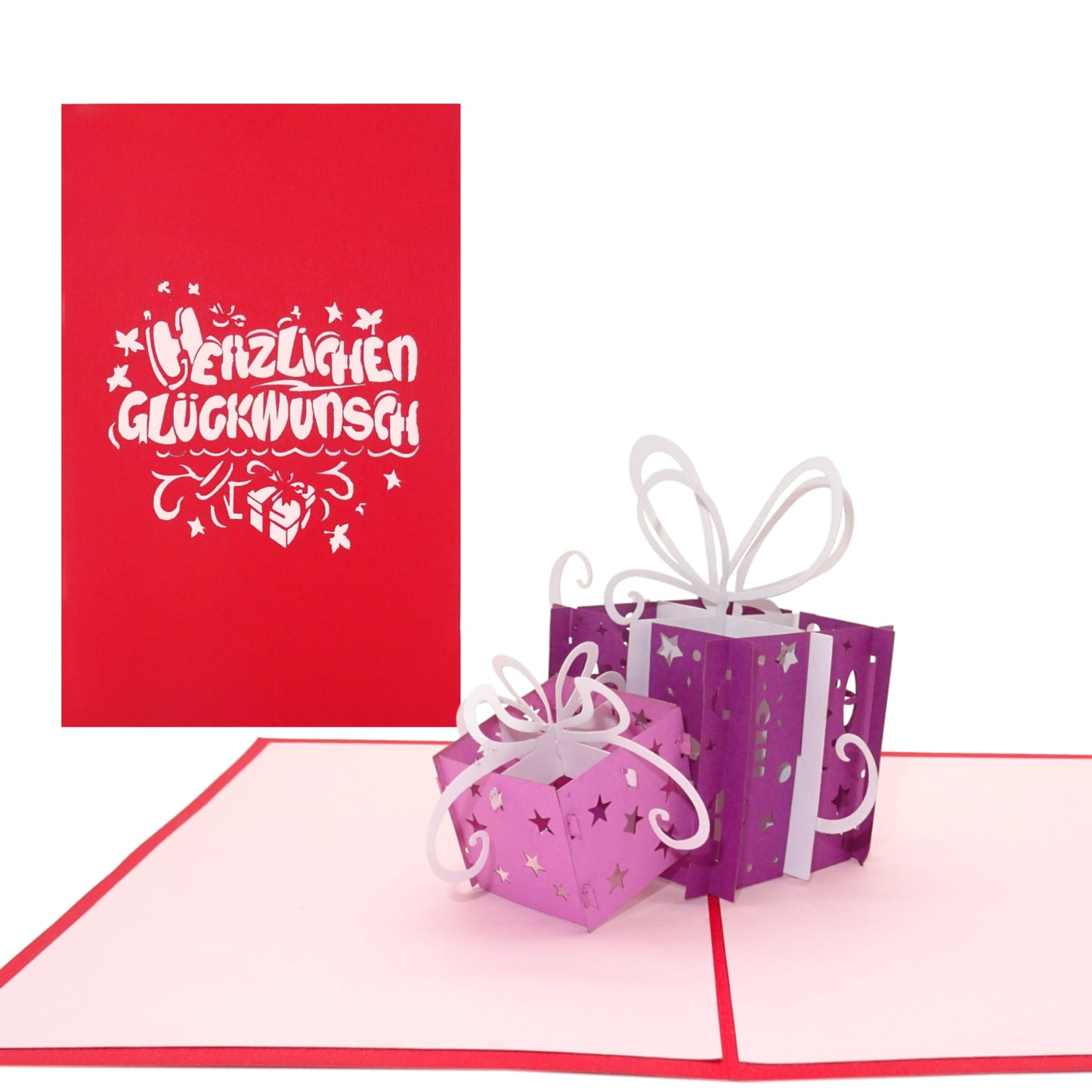 Pop Up Karte "Geschenke - Violett & Pink" 3D Geburtstagskarte & Glückwunschkarte