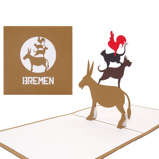 Pop Up Karte "Bremen - Bremer Stadtmusikanten“ 3D Postkarte, Einladung & Souvenir