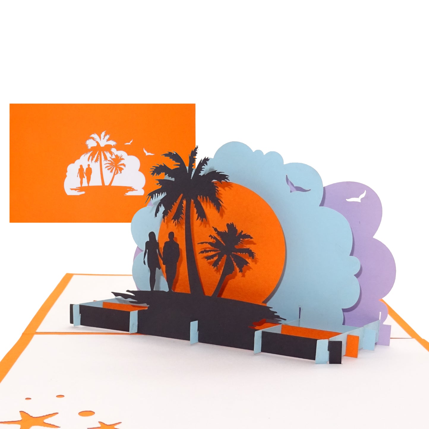 Pop Up Karte "Love´s Beach Sunset" 3D Hochzeitskarte, Valentinskarte, Gutschein Hotel