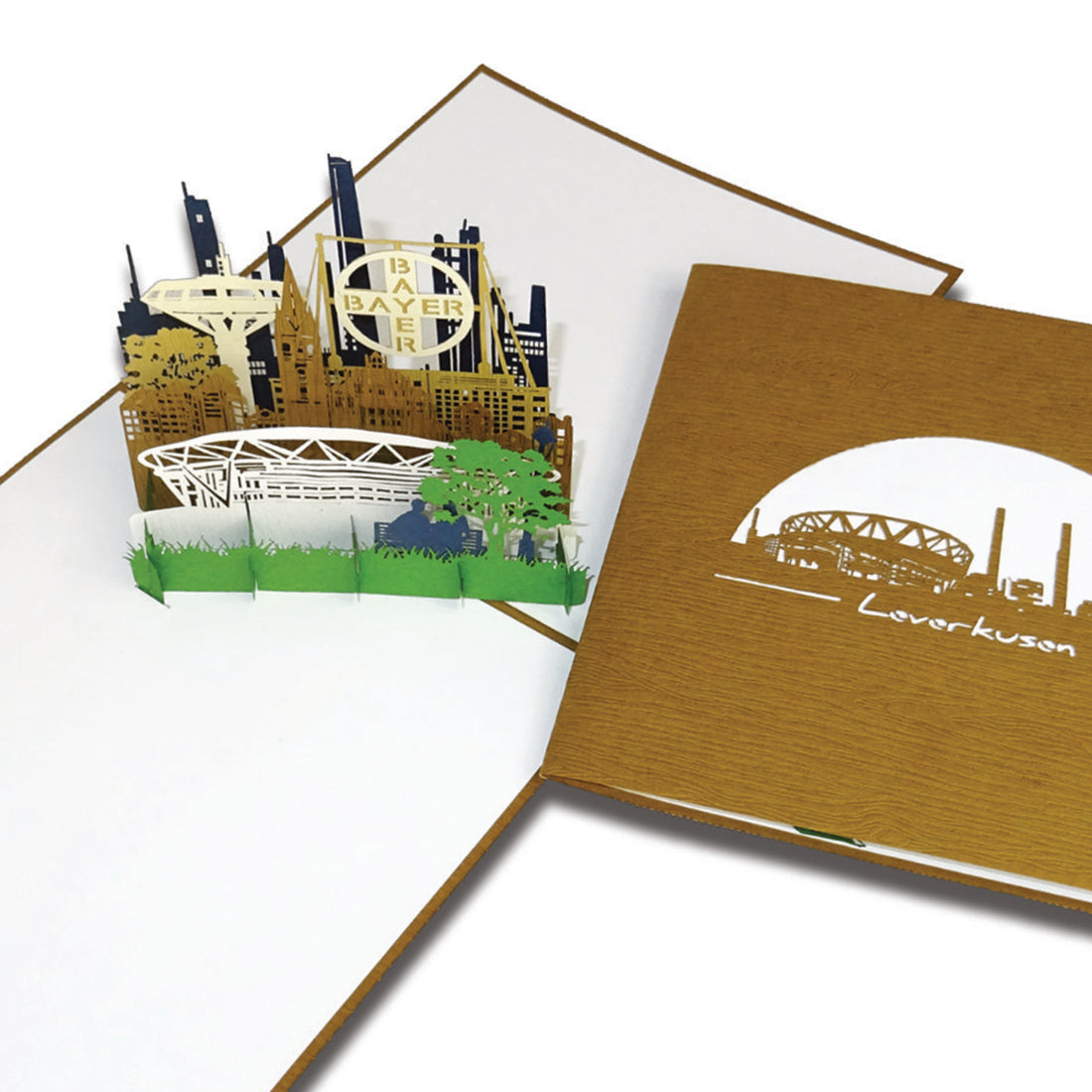 Pop-Up Karte „Leverkusen – Skyline“, 3D Grußkarte als Einladung oder als Geburtstagskarte