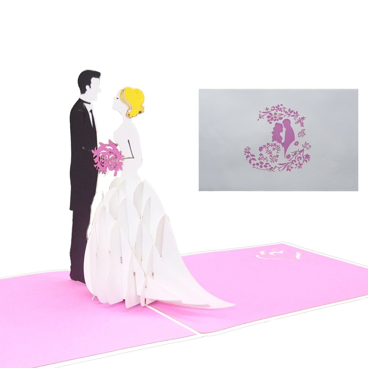 Pop Up Karte "Brautpaar" 3D Hochzeitskarte Pink Einladungskarte mit Umschlag