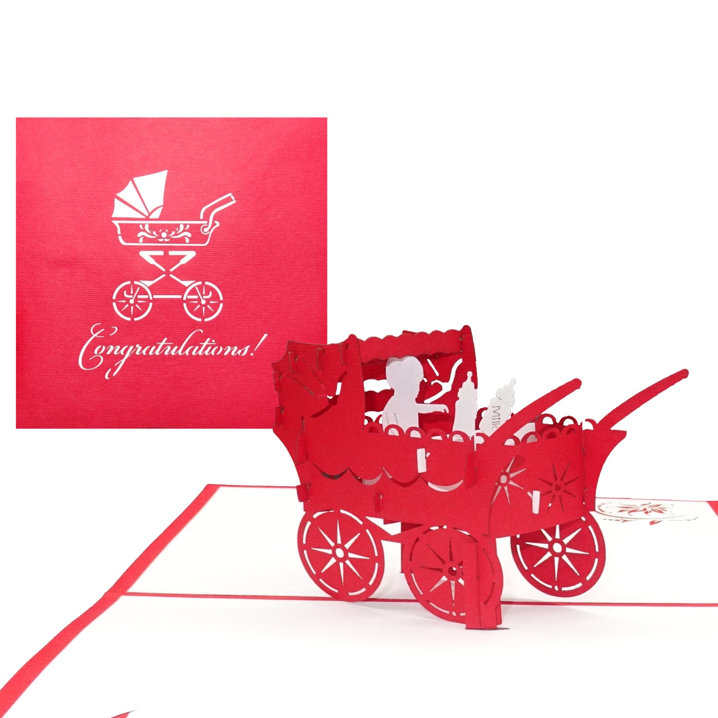 3D Karte zur Geburt "Kinderwagen" - Geburtskarte, englische Glückwunschkarte
