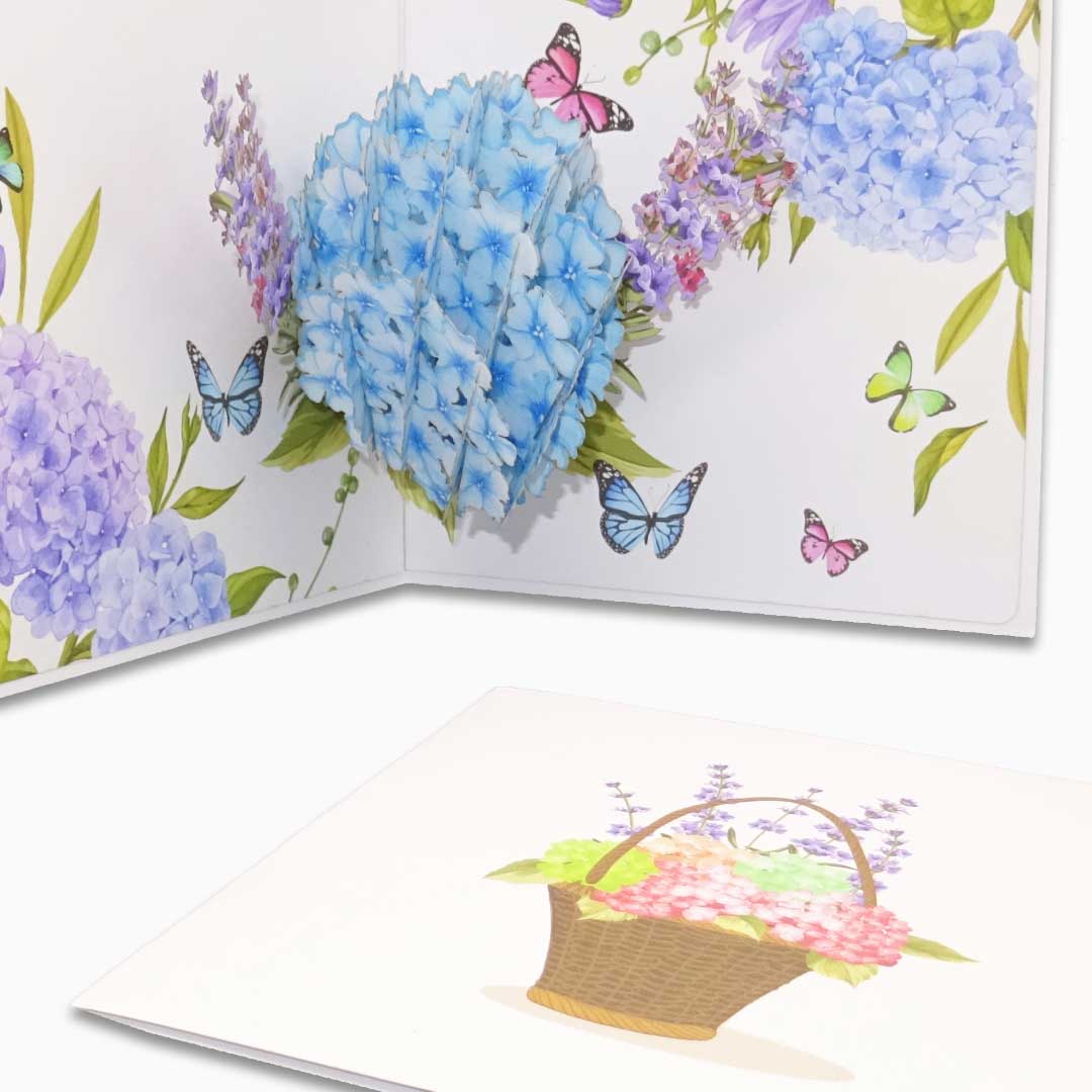 Pop Up Karte "Hortensie & Schmetterlinge" - Geburtstagskarte - Blumenkarte 3D