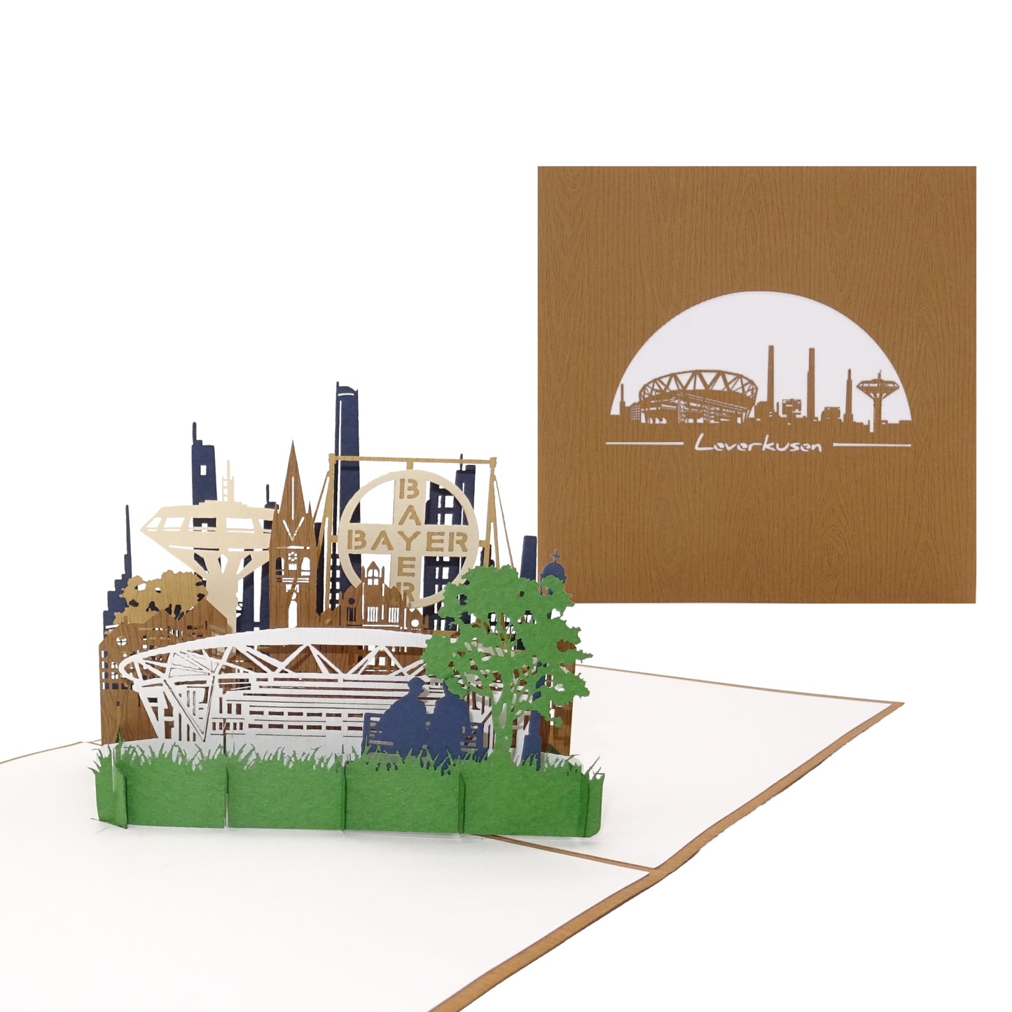 Pop-Up Karte „Leverkusen – Skyline“, 3D Grußkarte als Einladung oder als Geburtstagskarte