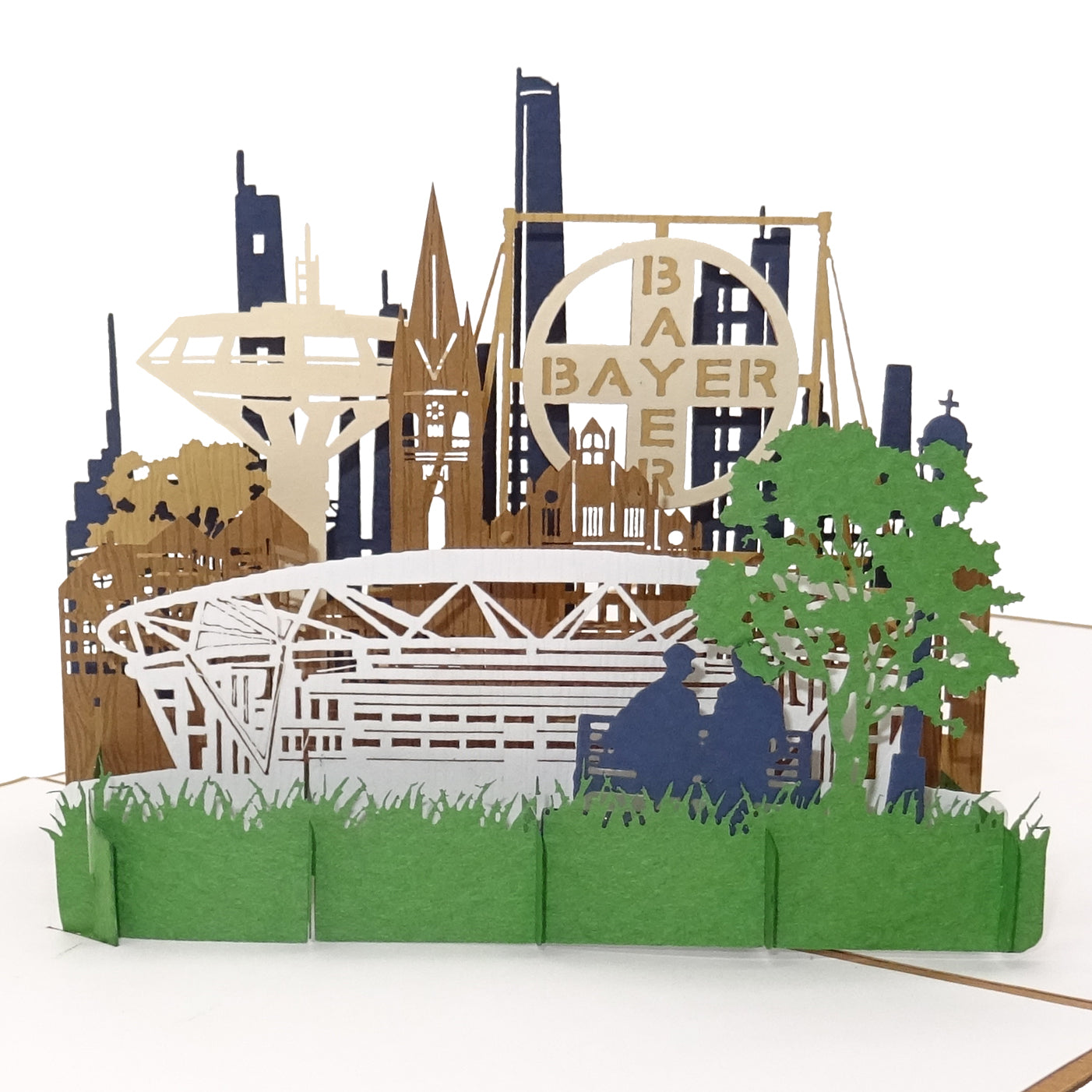 Pop-Up Karte „Leverkusen – Skyline“, 3D Grußkarte als Einladung oder als Geburtstagskarte