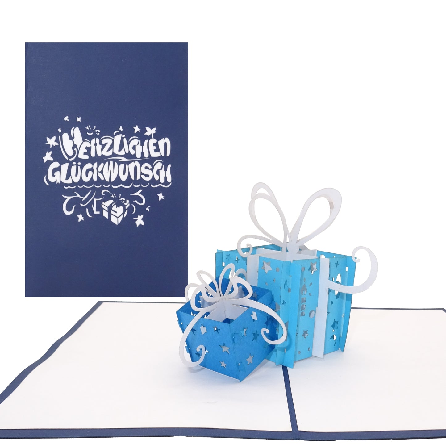 3x bunte Geburtstagskarten "Geschenke in 3D" - 3x Glückwunschkarten mit Umschlag