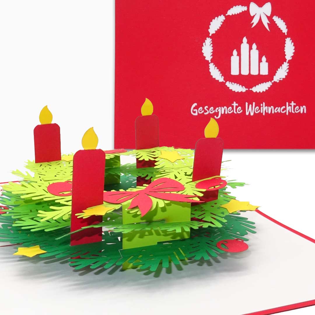 Pop Up Weihnachtskarte "Adventskranz" - 3D Karte mit Umschlag