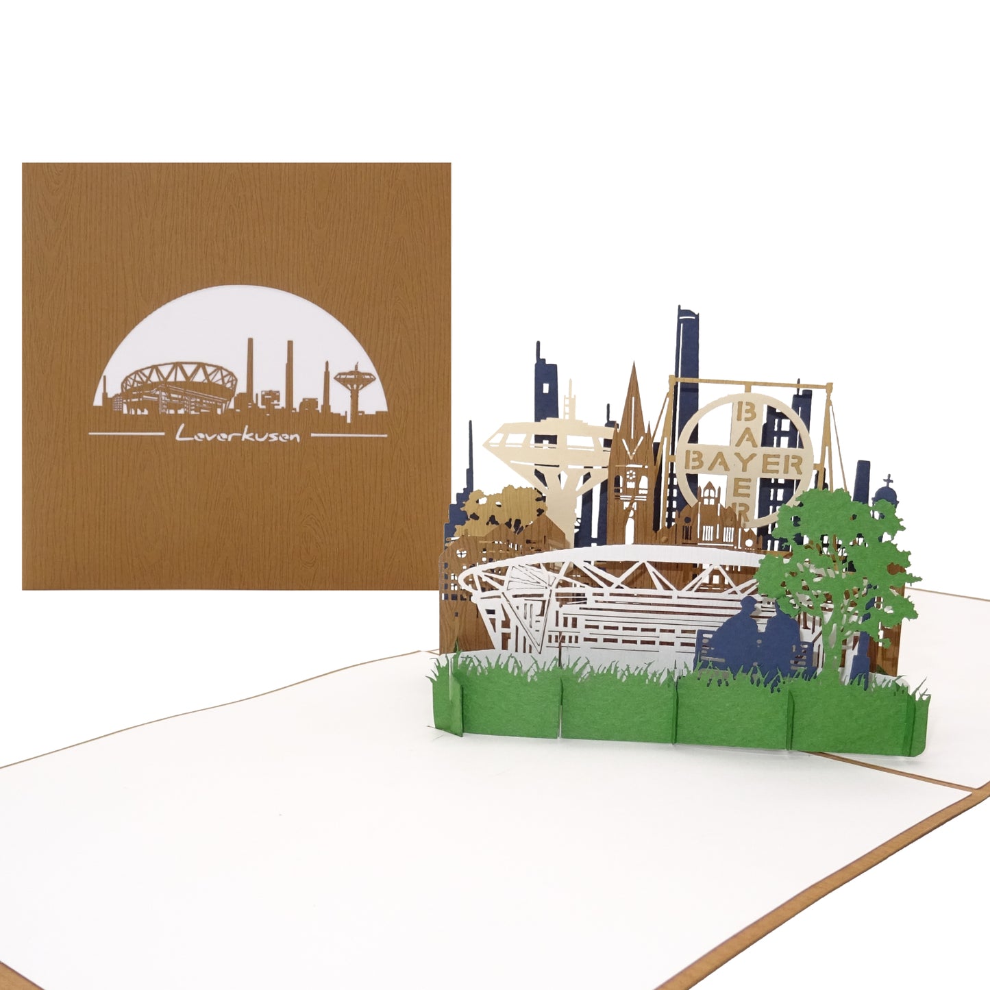 Pop-Up Karte „Leverkusen – Skyline“, 3D Grußkarte als Einladung oder als Geburtstagskarte
