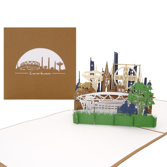 Pop-Up Karte „Leverkusen – Skyline“, 3D Grußkarte als Einladung oder als Geburtstagskarte