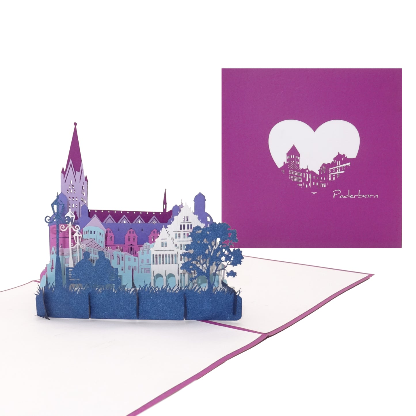 Pop-Up Karte „Paderborn - Skyline mit Paderborner Dom“, 3D Grußkarte, Souvenir, Reisegutschein