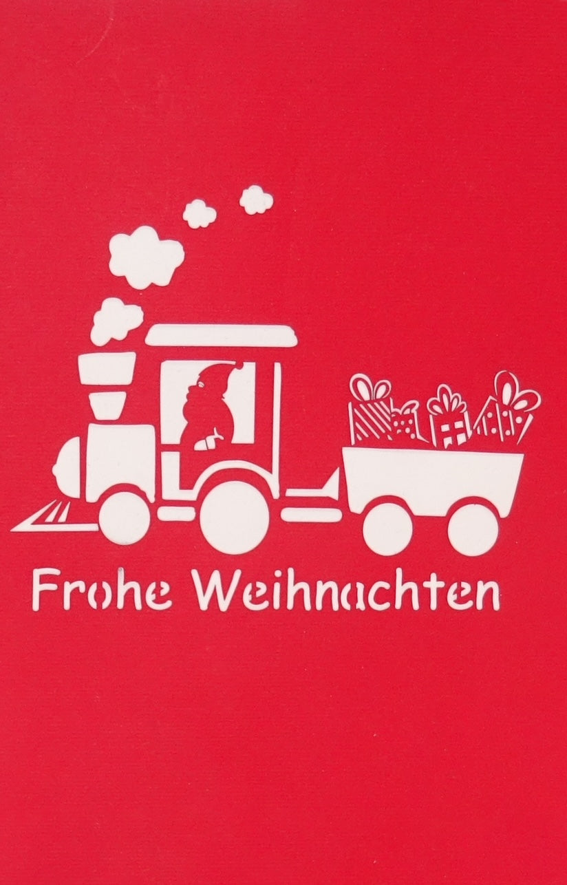 Pop Up Karte "Eisenbahn mit Nikolaus & Rentieren" Lustige Weihnachtskarte