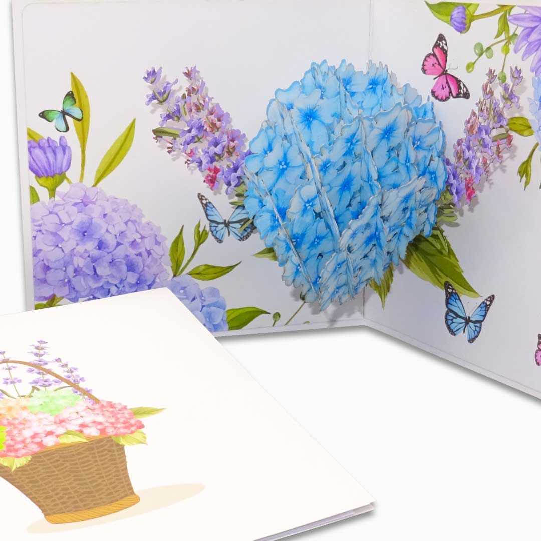 Pop Up Karte "Hortensie & Schmetterlinge" - Geburtstagskarte - Blumenkarte 3D