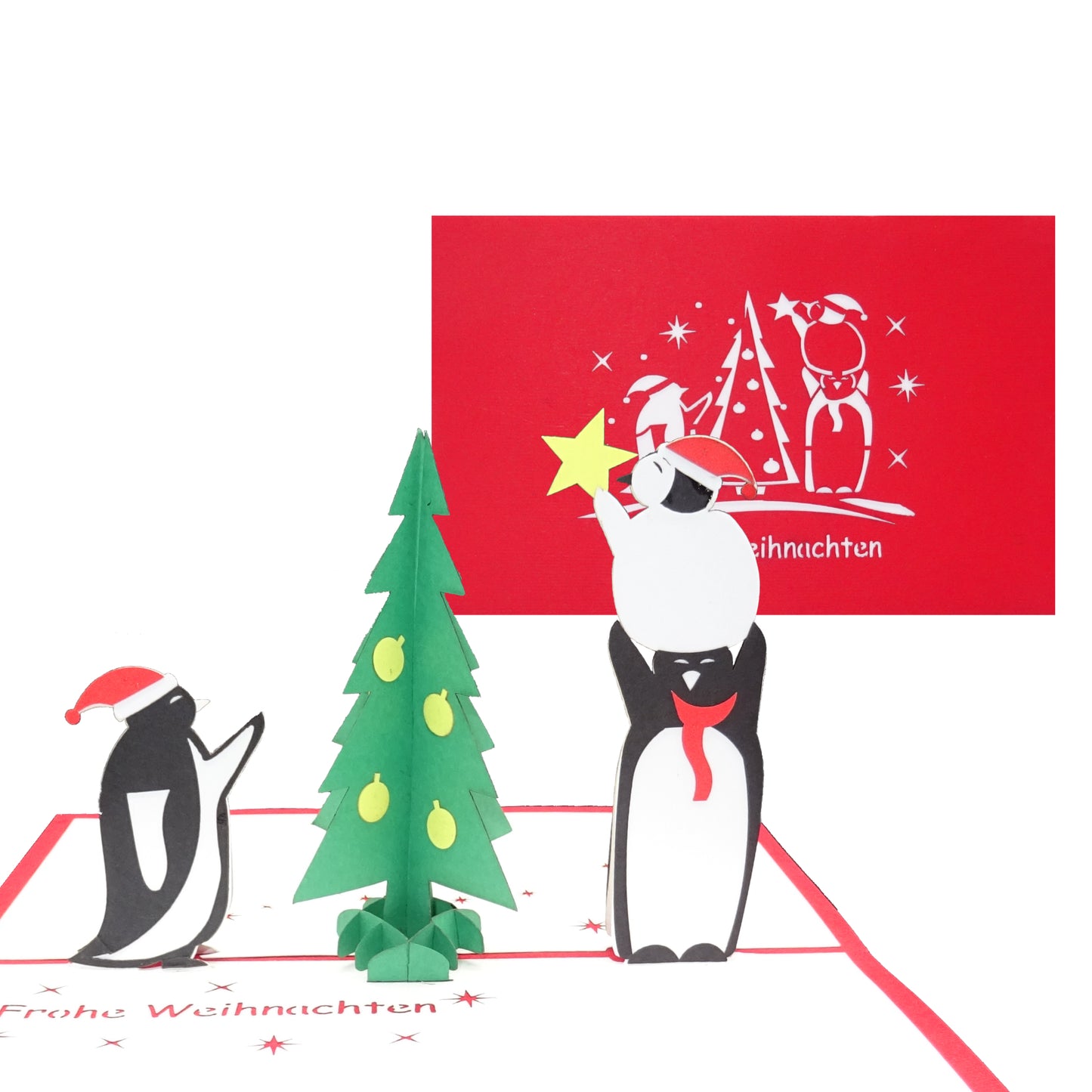 Pop Up Karte "Pinguine & Tannenbaum" - lustige Pinguin Weihnachtskarte mit Umschlag