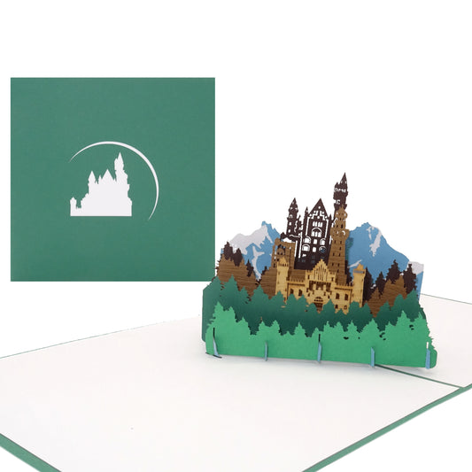 Pop Up Karte "Bergpanorama & Schloss - Souvenir, Geburtstagskarte. Grusskarte
