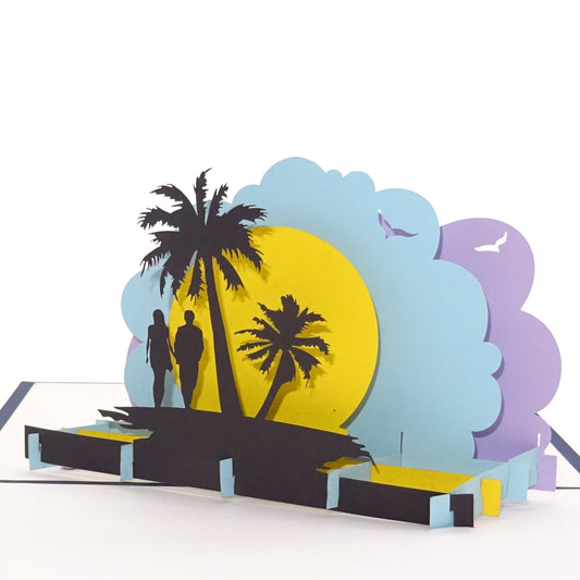 3D Karte "Honeymoon - Sunset Beach" romantische Hochzeitskarte, Gutschein Reise