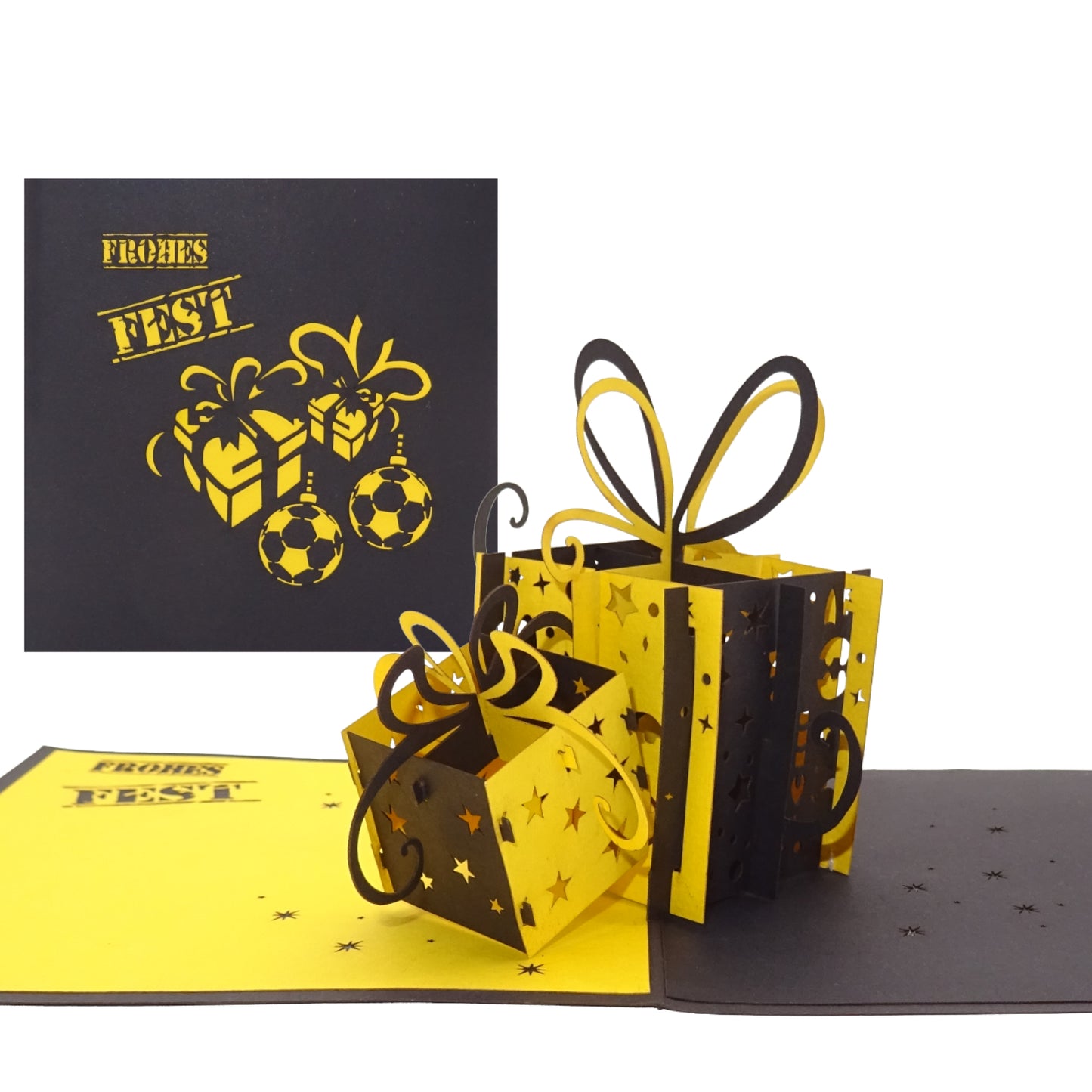 Pop-Up Karte "Geschenke Schwarz & Gelb" - Weihnachtskarte Fanartikel Dortmund, Aachen