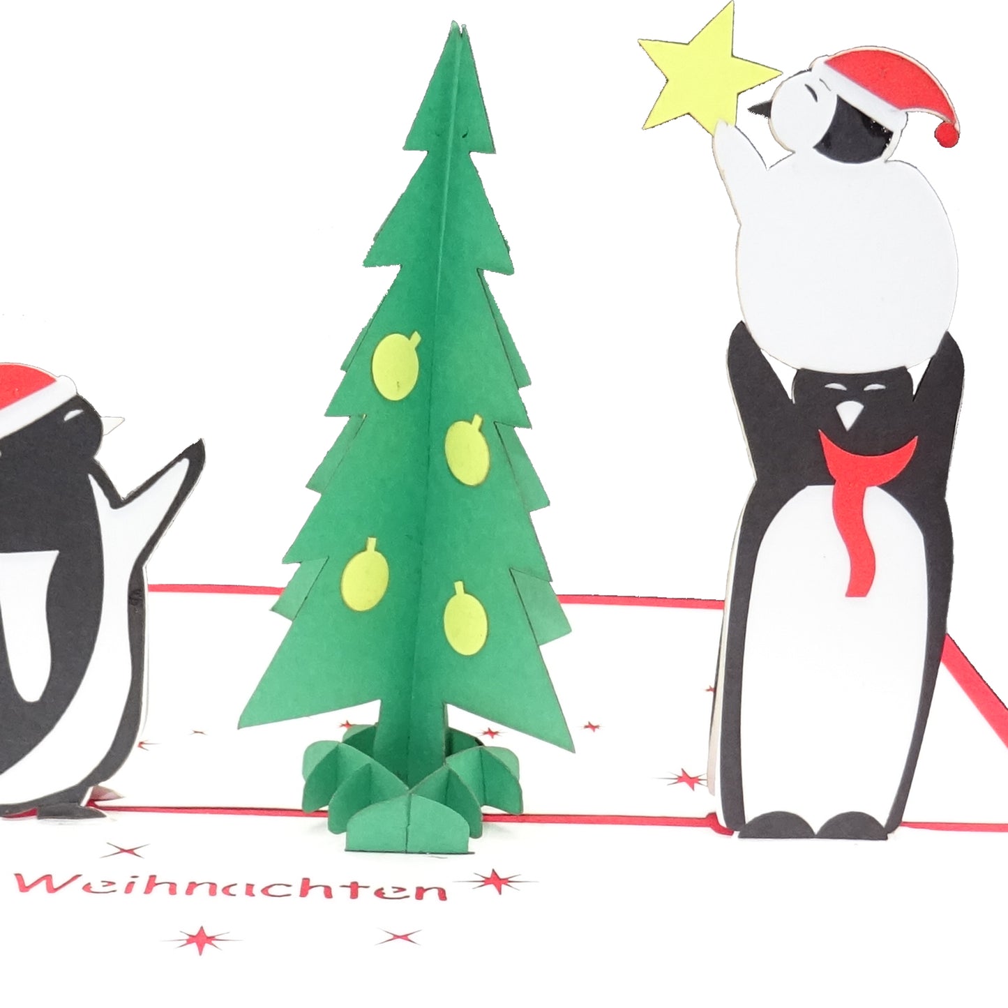 Pop Up Karte "Pinguine & Tannenbaum" - lustige Pinguin Weihnachtskarte mit Umschlag