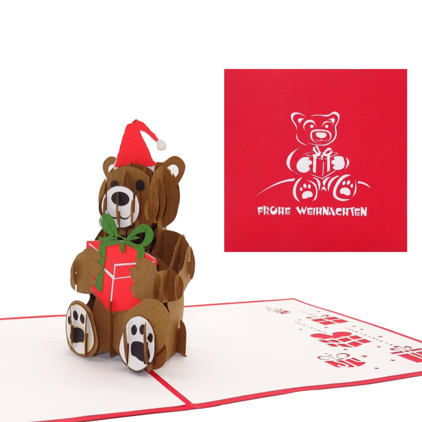 Pop Up Karte "Teddy & Geschenk" - 3D Weihnachtskarte Teddybär