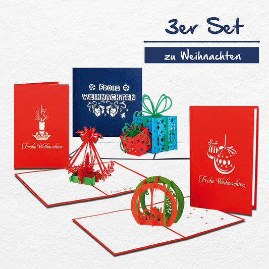 3x Weihnachtskarten -  Pop Up Karten zu Weihnachten mit Umschlag