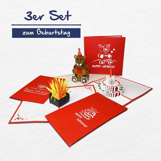Pop Up Geburtstagskarten - 3x Grußkarte zum Geburtstag mit Umschlag