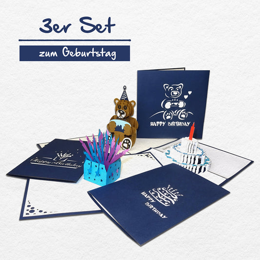 3er Set Geburtstagskarten - 3x Pop Up Karte mit Umschlag