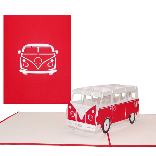 Pop Up Karte "Minibus Rot“ 3D Geburtstagskarte, Glückwunschkarte & Einladung Bus