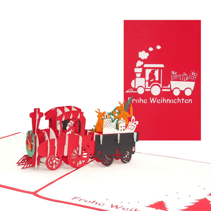 Pop Up Karte "Eisenbahn mit Nikolaus & Rentieren" Lustige Weihnachtskarte