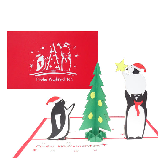 Pop Up Karte "Pinguine & Tannenbaum" - lustige Pinguin Weihnachtskarte mit Umschlag