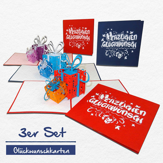 3x bunte Geburtstagskarten "Geschenke in 3D" - 3x Glückwunschkarten mit Umschlag