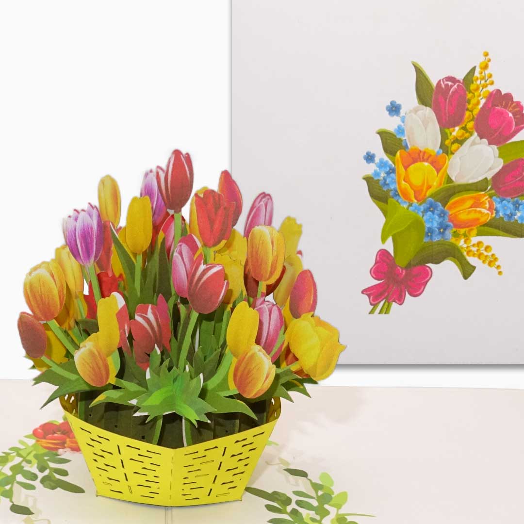 Pop Up Karte  "Bunte Tulpen" Blumenkarte als Geburtstagskarte & Einladungskarte