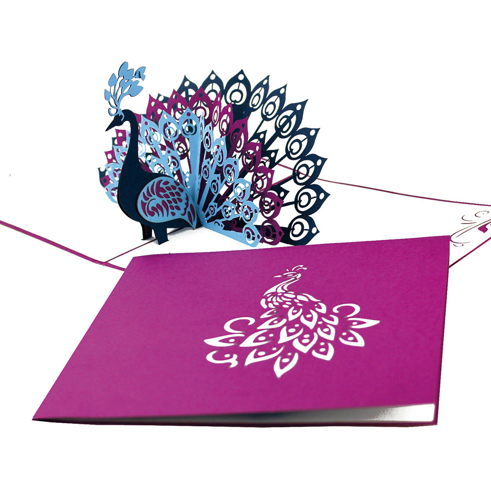 Pop Up Karte „Pfau“ - 3D Geburtstagskarte, Einladungskarte & Glückwunschkarte
