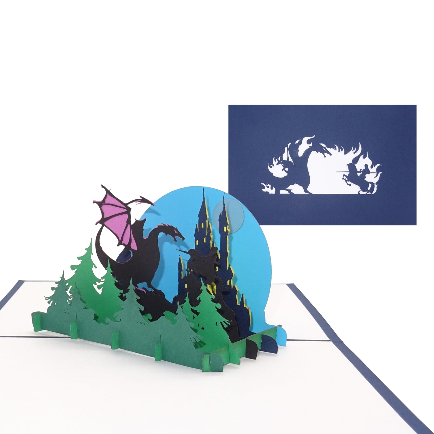 Pop Up Karte "Drache & Ritter" Glückwunschkarte, 3D Geburtstagskarte mit Ritterburg