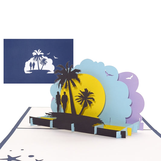 3D Karte "Honeymoon - Sunset Beach" romantische Hochzeitskarte, Gutschein Reise