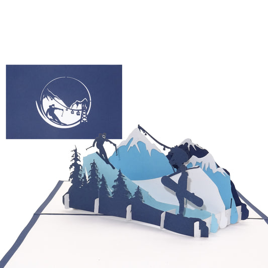 Pop Up Karte „Ski & Snowboard“ 3D Geburtstagskarte, Einladung & Gutschein Skifahren