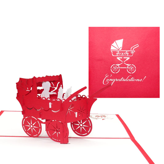 3D Karte zur Geburt "Kinderwagen" - Geburtskarte, englische Glückwunschkarte