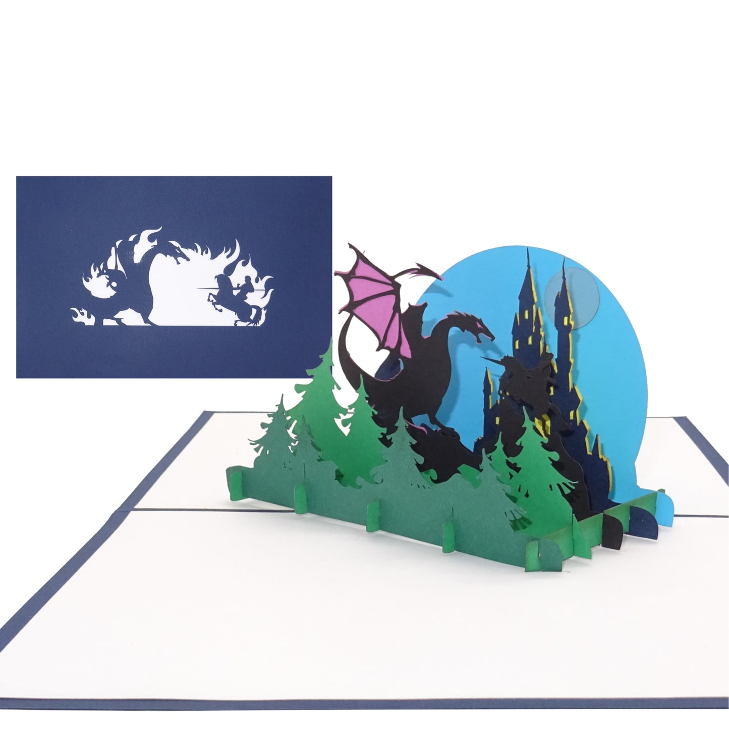 Pop Up Karte "Drache & Ritter" Glückwunschkarte, 3D Geburtstagskarte mit Ritterburg