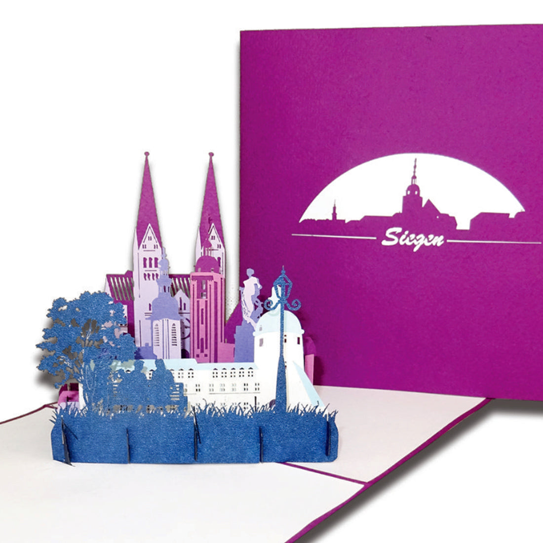 Pop-Up Karte „Siegen - Skyline der Stadt“, 3D Grußkarte als Souvenir, Geschenkgutschein