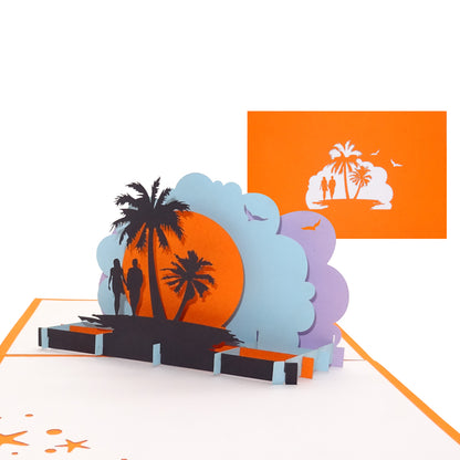 Pop Up Karte "Love´s Beach Sunset" 3D Hochzeitskarte, Valentinskarte, Gutschein Hotel