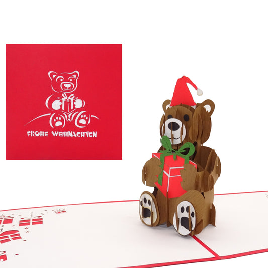 Pop Up Karte "Teddy & Geschenk" - 3D Weihnachtskarte Teddybär