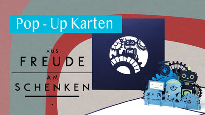 Pop Up Karte „Funny Robot“ 3D Geburtstagskarte Junge, Robotor Einladungskarten Geburtstag