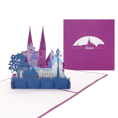 Pop-Up Karte „Siegen - Skyline der Stadt“, 3D Grußkarte als Souvenir, Geschenkgutschein