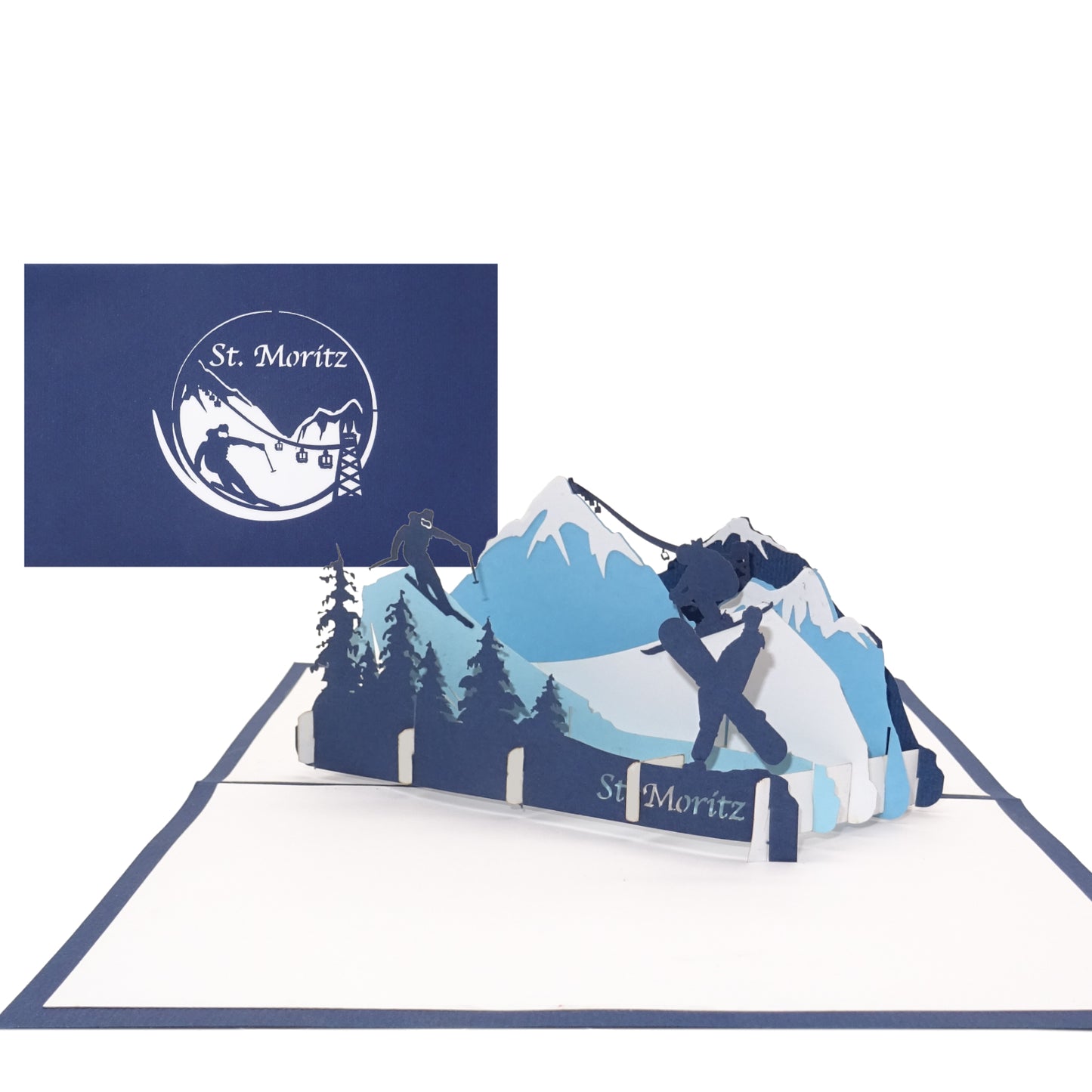 Pop Up Karte "St. Moritz" 3D Postkarte - Reisegutschein, Souvenir & Einladung Skifahren