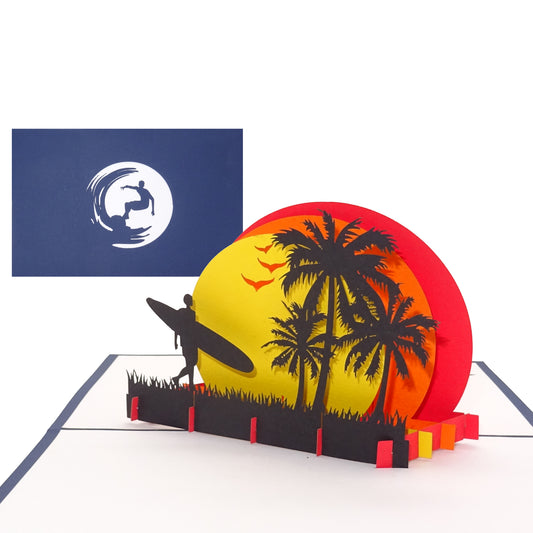 Pop Up Karte "Surfer & Surfbrett" 3D Geburtstagskarte, Gutschein & Einladung Surfen Surfkurs