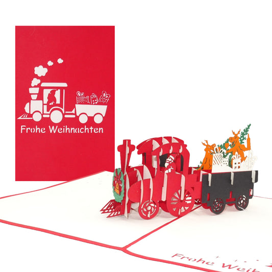 Pop Up Karte "Eisenbahn mit Nikolaus & Rentieren" Lustige Weihnachtskarte