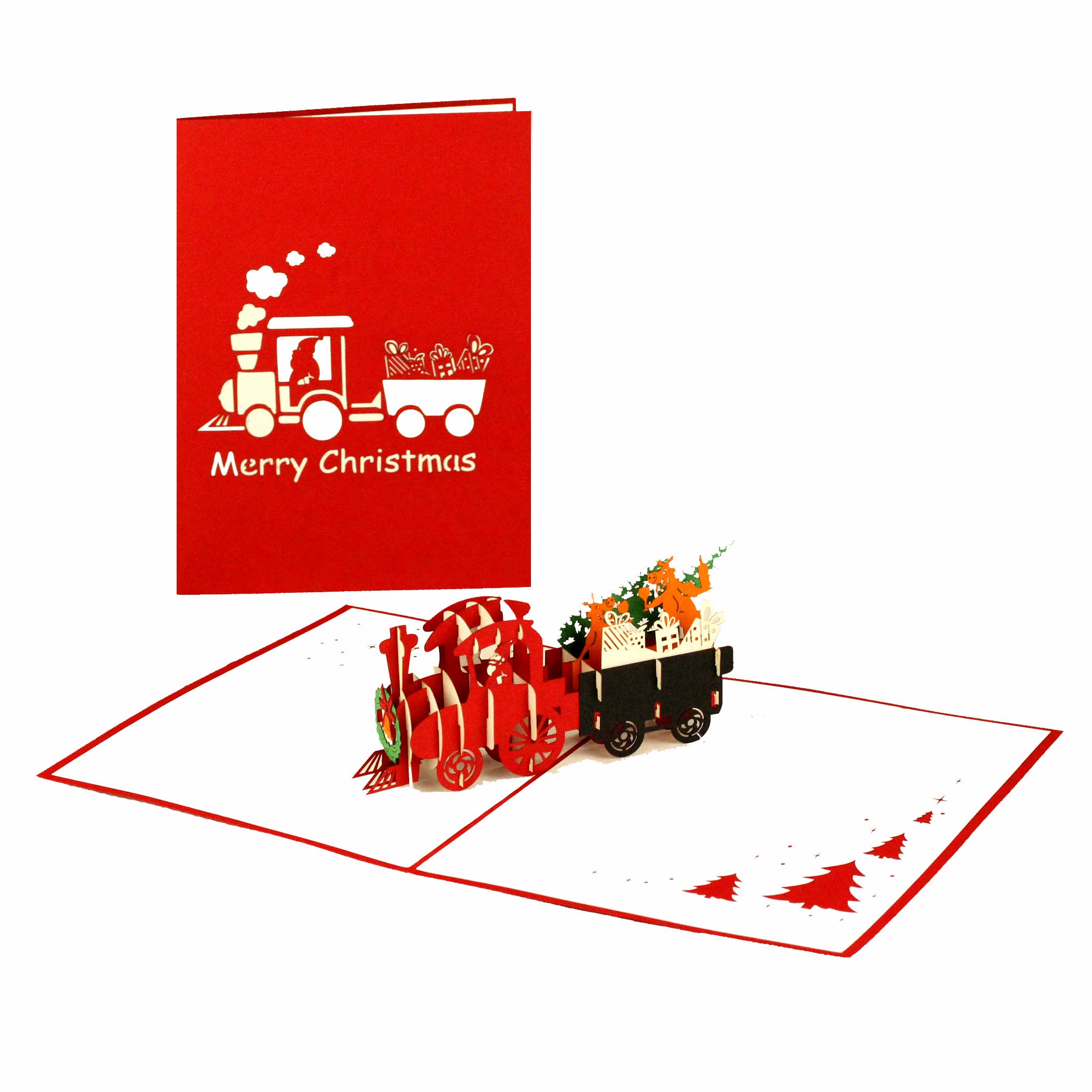 Pop Up Karte &quot;Rentierzug - Merry Christmas&quot; - Weihnachtskarte mit Umschlag