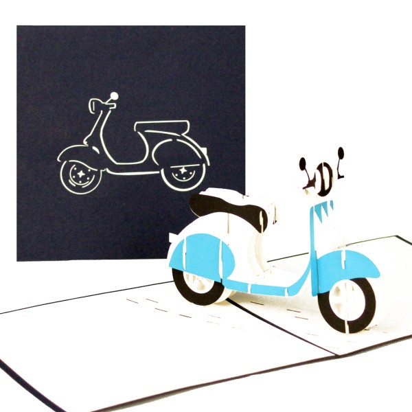 Pop Up Karte &quot;Motorroller - blau&quot; - Gutschein für Fahrstunden mit dem Roller, Glüsckwunschkarte